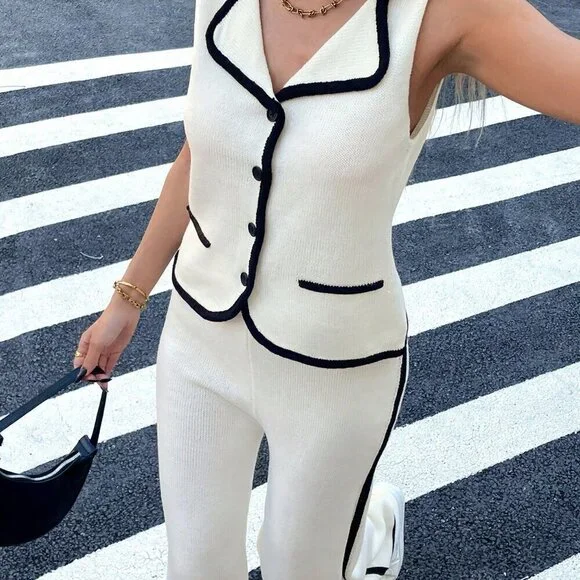 Apricot Elegant Women's Luxury Knitted Vest Sweater And Knit Pants